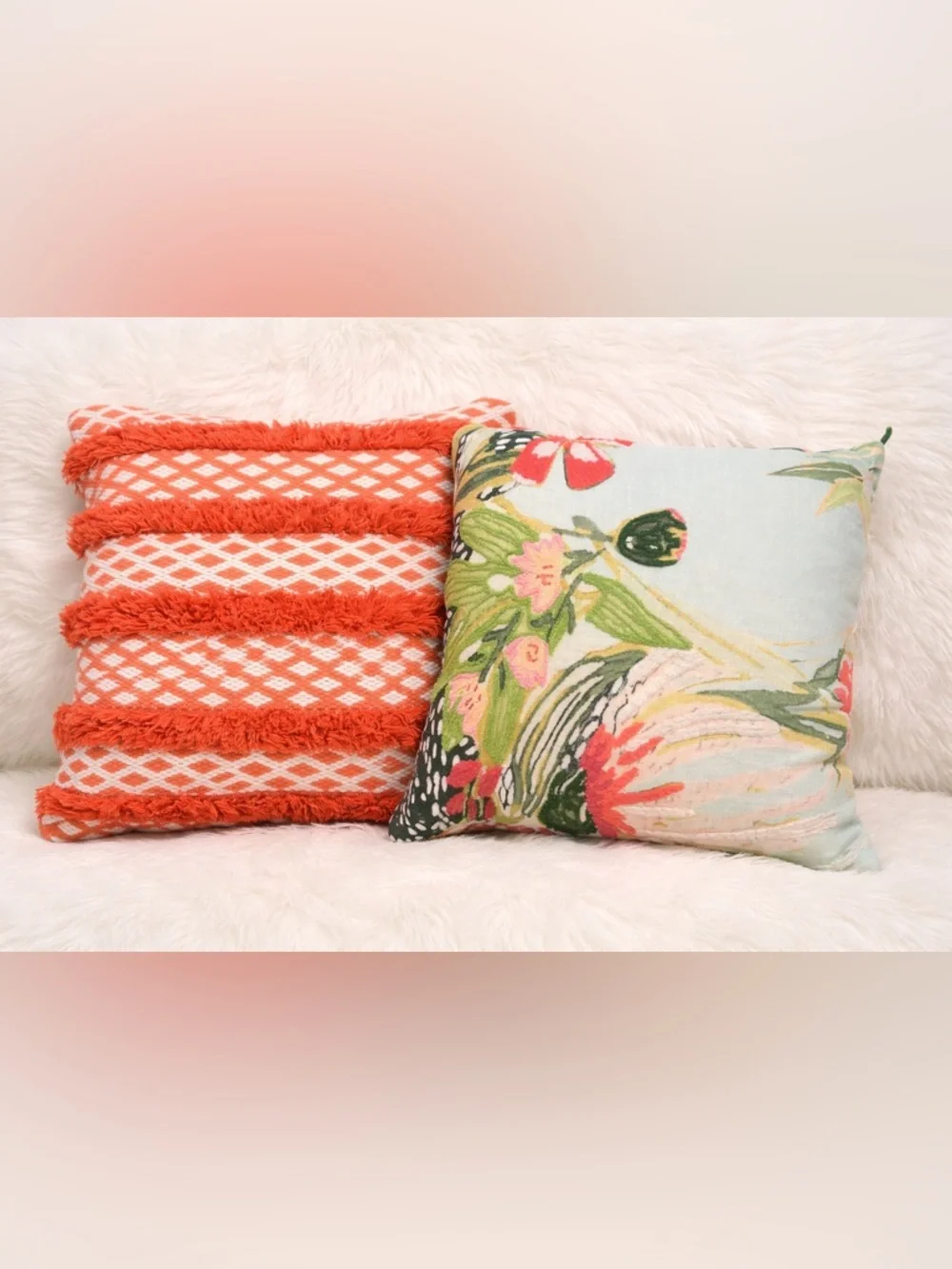 Anthropologie Boho Throw Pillows Set of 2 | Textured Fringe + Floral | 18x18